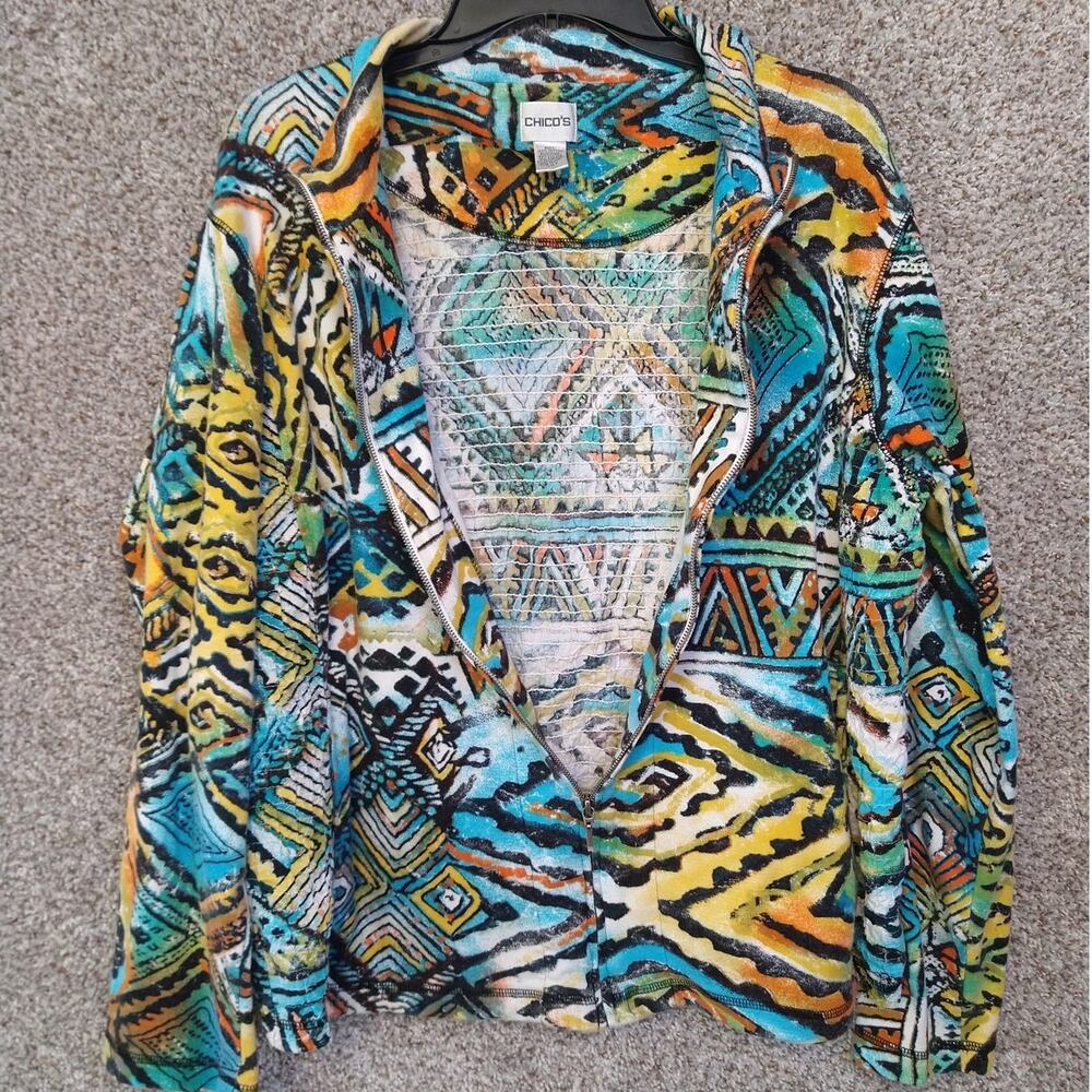 Chico's Distressed Aztec Smocked back Jacket Full front zip size XL (3) - Picture 3 of 11